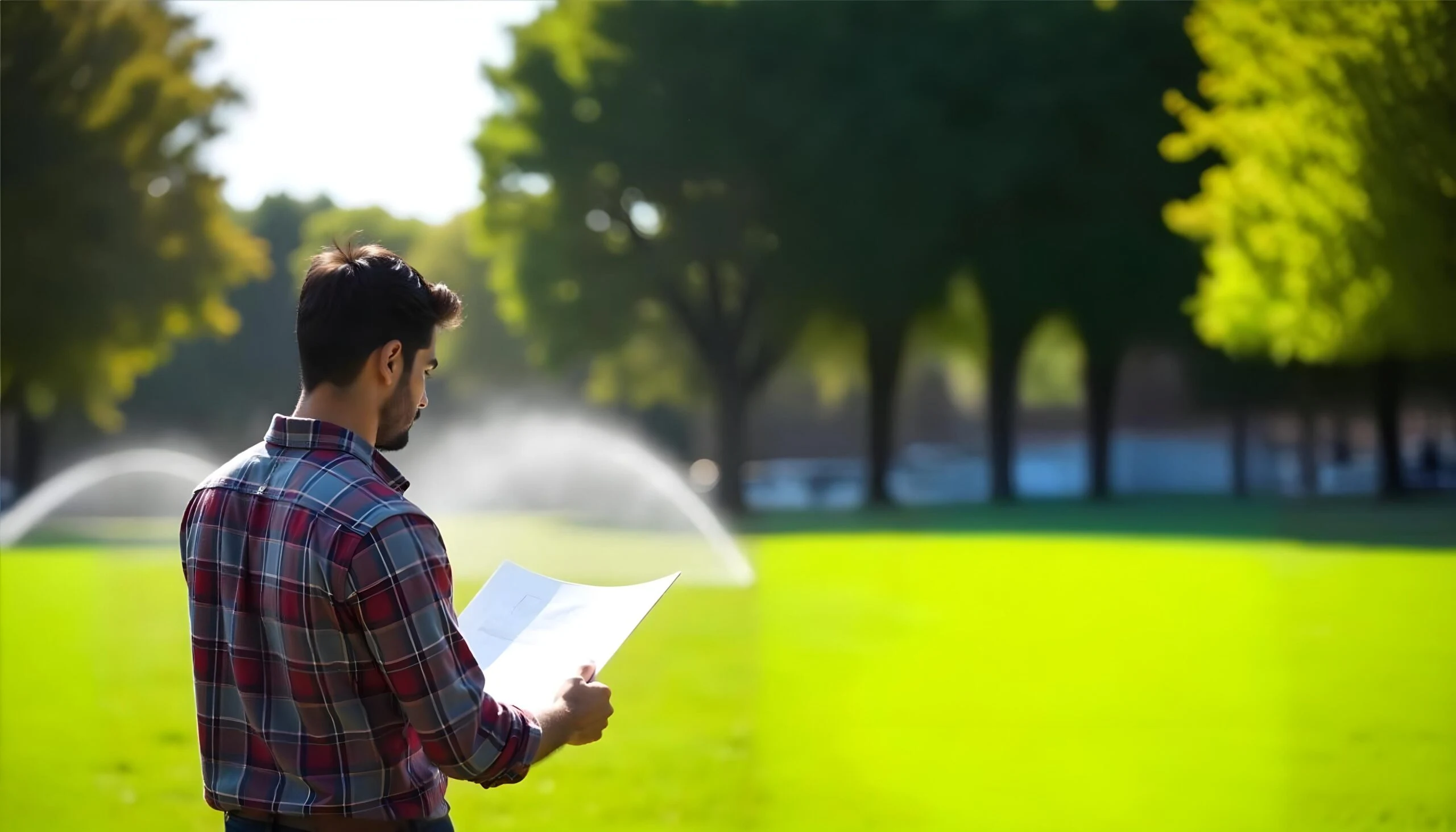 Irrigation designer reviewing a technical landscape plan