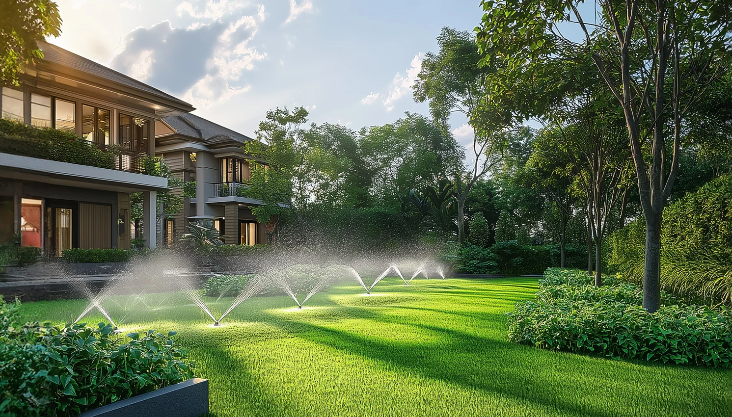 Automated sprinklers irrigating a green landscape at sunrise